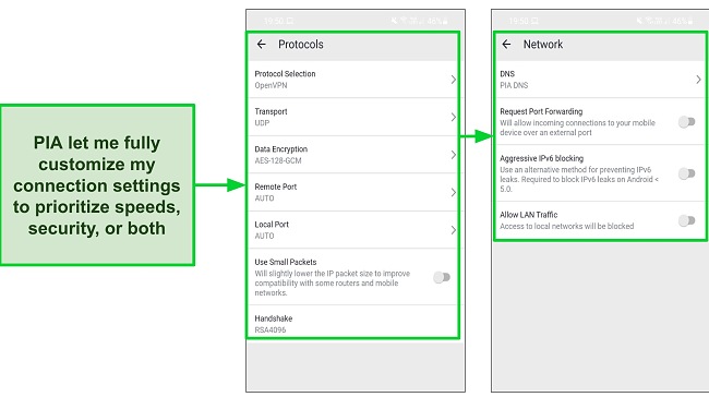 PIA's settings menus offer a range of options to customize speed and security settings