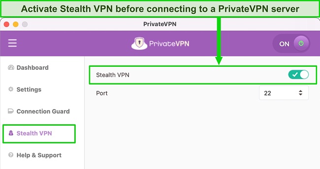 Screenshot of the PrivateVPN app showing the Stealth VPN feature activated