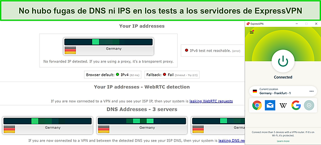Captura de pantalla de una prueba de fuga de DNS e IP en el servidor alem&aacute;n de ExpressVPN.