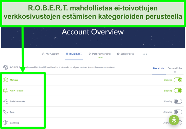 N&auml;ytt&ouml;kuva Winscribe-asetussivulta, jossa on vaihtoehtoja mainosten, haittaohjelmien ja verkkosivustoluokkien est&auml;miseksi