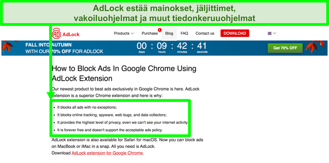 N&auml;ytt&ouml;kuva AdLock-verkkosivustosta, jonka mukaan sill&auml; ei ole "hyv&auml;ksytt&auml;vi&auml; mainoksia" -k&auml;yt&auml;nt&ouml;&auml;