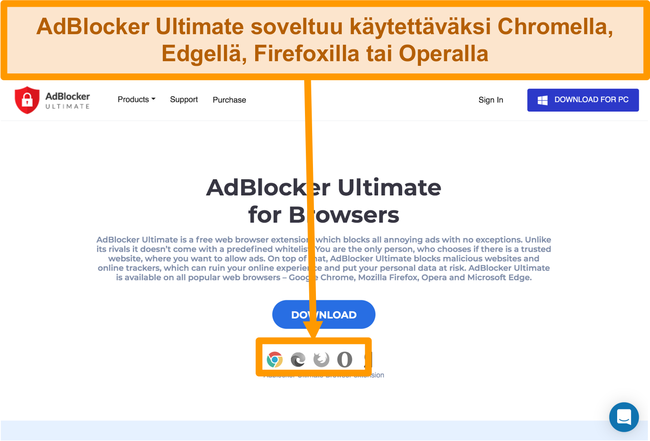 N&auml;ytt&ouml;kuva AdBlocker Ultimate -sivustosta, joka n&auml;ytt&auml;&auml; k&auml;ytett&auml;viss&auml; olevat nelj&auml; verkkoselaimen laajennusta