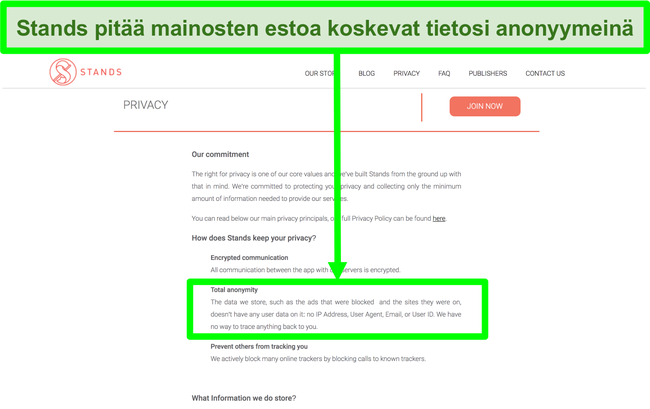 N&auml;ytt&ouml;kuva Stands-verkkosivustosta, jossa todetaan, ett&auml; sill&auml; olevia tietoja estetyist&auml; mainoksista ei koskaan linkitet&auml; k&auml;ytt&auml;jien henkil&ouml;kohtaisiin tietoihin