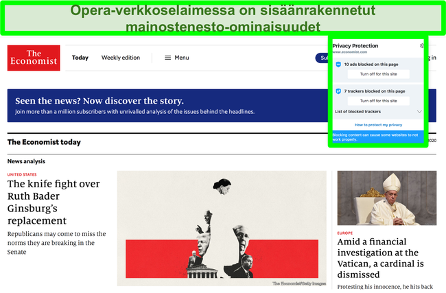 N&auml;ytt&ouml;kuva Opera browerin sis&auml;&auml;nrakennetusta mainosten estosta, joka poistaa mainokset TechCrunch-verkkosivustolta
