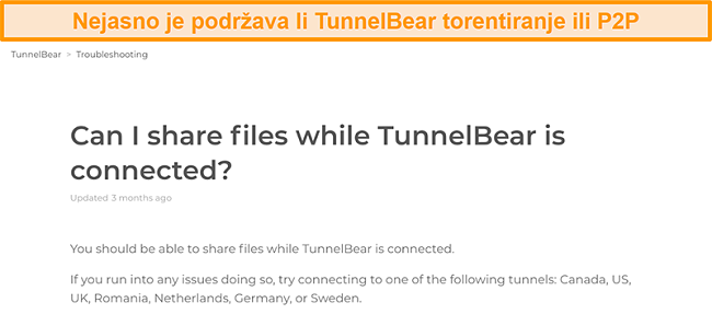 Snimka zaslona stranice za rje&scaron;avanje problema programa TunnelBear o dijeljenju datoteka