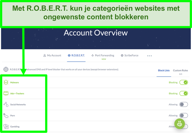Schermafbeelding van de instellingenpagina van Winscribe met opties om advertenties, malware en categorie&euml;n websites te blokkeren