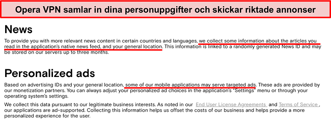 Sk&auml;rmdump av Opera VPNs sekretesspolicy som visar den loggar anv&auml;ndarens personliga information och skickar riktade annonser