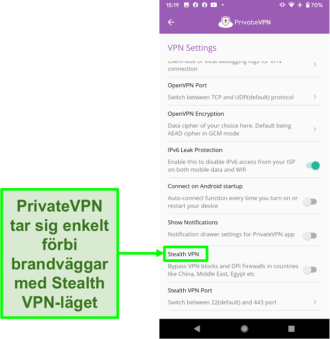 Sk&auml;rmdump av PrivateVPN Android-app som visar Stealth VPN-funktion som hj&auml;lper till att kringg&aring; VPN-block