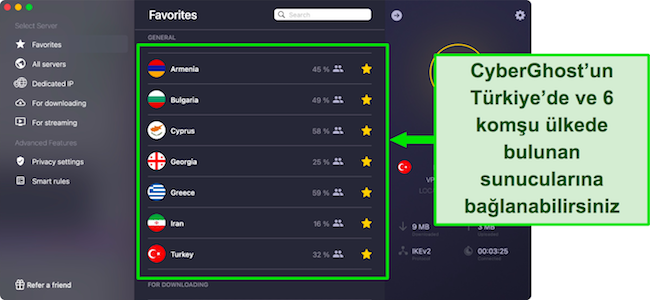 T&uuml;rkiye, Ermenistan, Bulgaristan, Kıbrıs, G&uuml;rcistan, Yunanistan ve İran'daki sunucuları g&ouml;steren CyberGhost uygulamasının ekran g&ouml;r&uuml;nt&uuml;s&uuml;