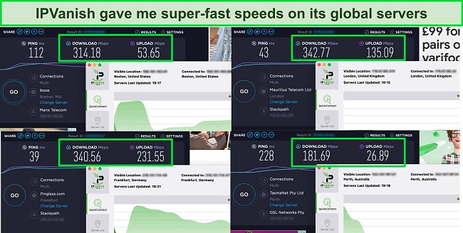 Screenshot of 4 speed tests while connected to various IPVanish servers