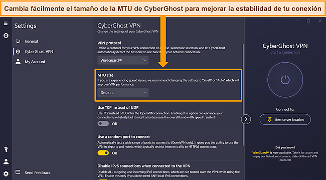 Captura de pantalla de la aplicaci&oacute;n de Windows de CyberGhost con el tama&ntilde;o de MTU en Configuraci&oacute;n resaltada.