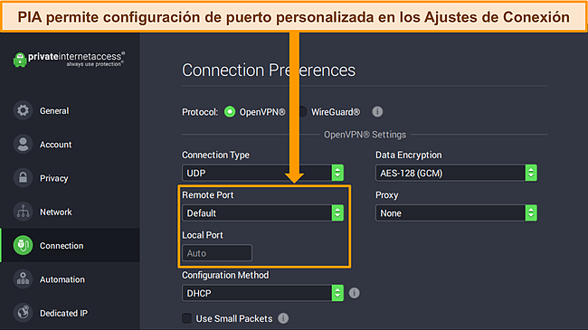 Captura de pantalla de la aplicaci&oacute;n PIA para Windows que muestra las preferencias de conexi&oacute;n y resalta las opciones de personalizaci&oacute;n del puerto.