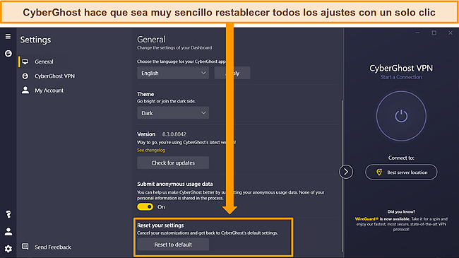 Captura de pantalla de la aplicaci&oacute;n de Windows de CyberGhost con su.