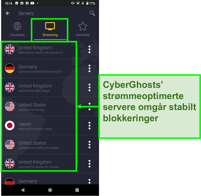 Skjermbilde av str&oslash;mningsoptimaliserte servere fra CyberGhost