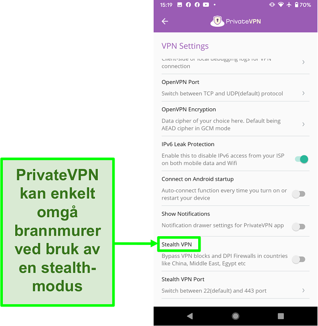 Skjermbilde av PrivateVPN Android-app som viser Stealth VPN-funksjon som hjelper &aring; omg&aring; VPN-blokker