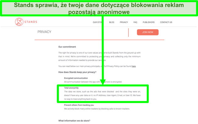 Zrzut ekranu strony internetowej Stands z informacją, że dane na temat zablokowanych reklam nigdy nie są łączone z danymi osobowymi użytkownik&oacute;w