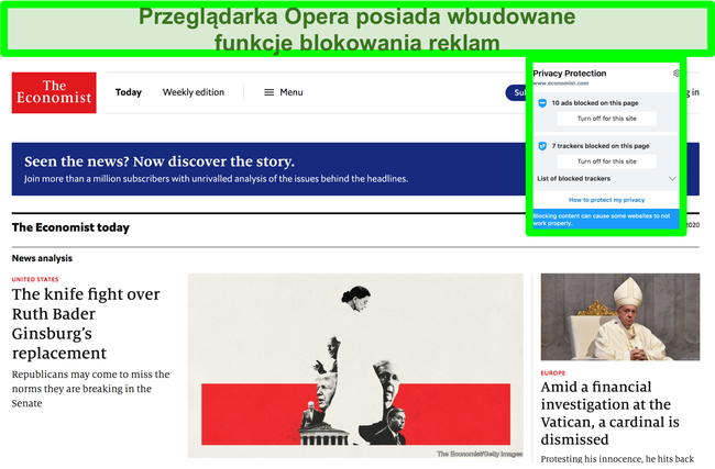 Zrzut ekranu przedstawiający wbudowany bloker reklam przeglądarki Opera, kt&oacute;ry usuwa reklamy ze strony TechCrunch