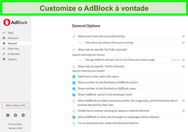 Captura de tela mostrando as v&aacute;rias op&ccedil;&otilde;es de personaliza&ccedil;&atilde;o do AdBlock