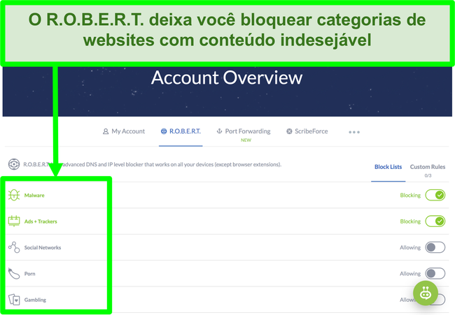 Captura de tela da p&aacute;gina de configura&ccedil;&otilde;es do Winscribe exibindo op&ccedil;&otilde;es para bloquear an&uacute;ncios, malware e categorias de sites