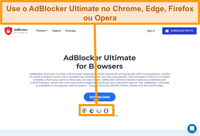 Captura de tela do site AdBlocker Ultimate exibindo as 4 extens&otilde;es de navegador dispon&iacute;veis