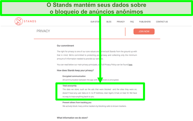 Captura de tela do site Stands informando que os dados que possui sobre an&uacute;ncios bloqueados nunca est&atilde;o vinculados &agrave;s informa&ccedil;&otilde;es pessoais dos usu&aacute;rios