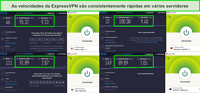 Captura de tela da ExpressVPN conectada a v&aacute;rios servidores e os resultados dos testes de velocidade executados nesses servidores.