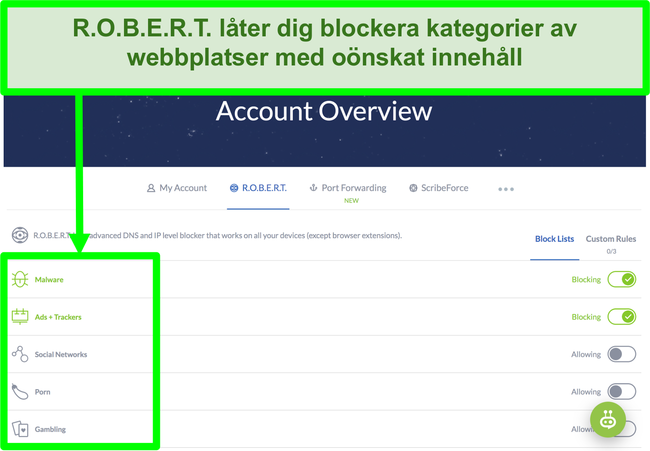 Sk&auml;rmdump av Winscribe-inst&auml;llningssidan som visar alternativ f&ouml;r att blockera annonser, skadlig programvara och kategorier av webbplatser