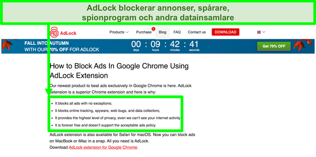 Sk&auml;rmdump av AdLocks webbplats som anger att den inte har n&aring;gon "acceptabel annons" -policy