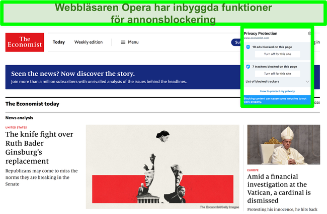 Sk&auml;rmdump av Opera Browers inbyggda annonsblockerare som tar bort annonser fr&aring;n TechCrunch-webbplatsen