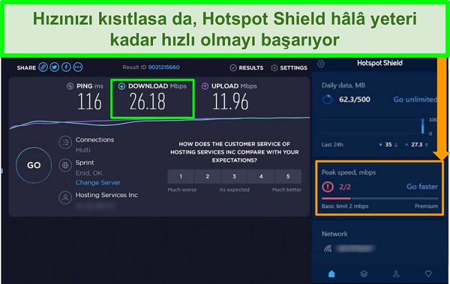 Hotspot Shield aray&uuml;z&uuml;ne bağlıyken hız testi sonu&ccedil;larının ekran g&ouml;r&uuml;nt&uuml;s&uuml;