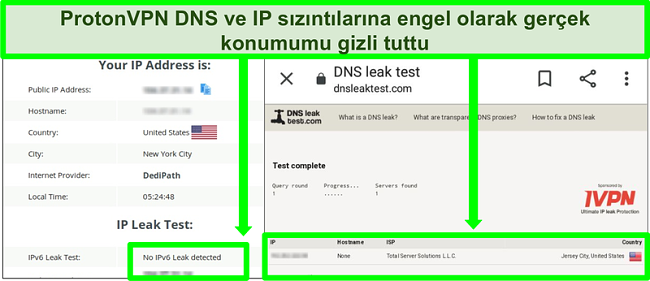 Proton VPN'e bağlıyken hi&ccedil;bir IP adresi sızıntısı g&ouml;stermeyen bir DNS ve IP adresi sızıntı testinin ekran g&ouml;r&uuml;nt&uuml;s&uuml;