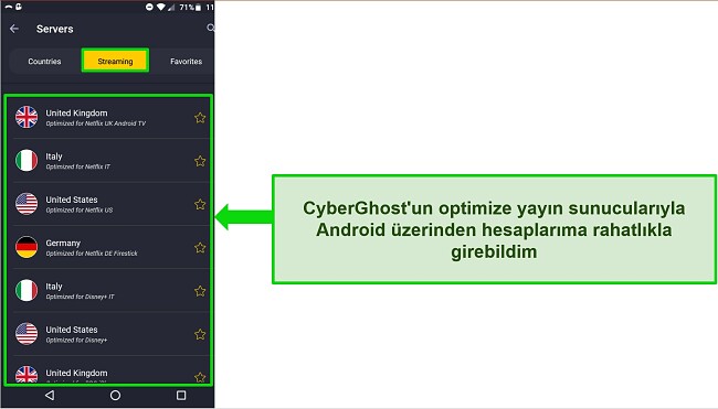 Android'de CyberGhost'un akış sunucusu men&uuml;s&uuml;n&uuml;n ekran g&ouml;r&uuml;nt&uuml;s&uuml;