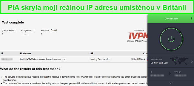 Screenshot z PIA připojen&eacute;ho k americk&eacute;mu serveru a v&yacute;sledků testů &uacute;niku DNS, kter&eacute; neukazuj&iacute; &uacute;niky