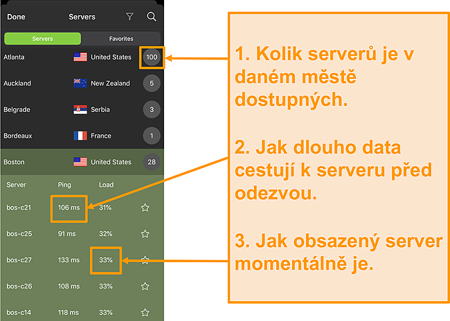 Screenshot ze seznamu serverů IPVanish se zv&yacute;razněn&yacute;mi č&iacute;sly serveru, ping a zat&iacute;žen&iacute;m serveru
