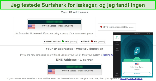 Sk&aelig;rmbillede af l&aelig;kagetestresultater med Surfshark tilsluttet en amerikansk server