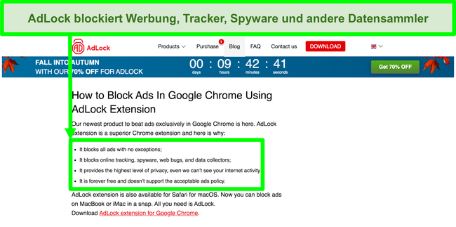 Screenshot der AdLock-Website mit der Angabe, dass keine Richtlinien f&uuml;r "akzeptable Anzeigen" gelten