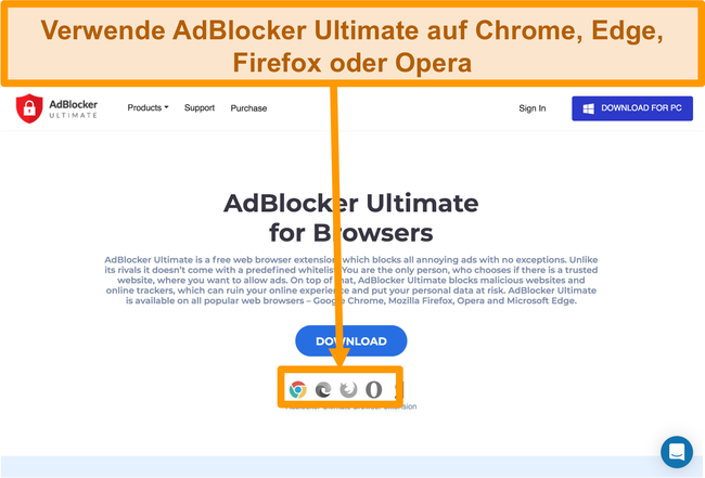 Screenshot der AdBlocker Ultimate-Website mit den 4 verf&uuml;gbaren Webbrowser-Erweiterungen