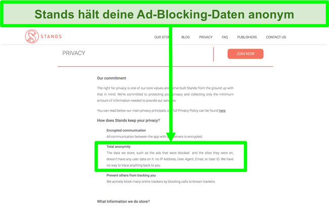 Screenshot der Stands-Website, aus dem hervorgeht, dass die Daten zu blockierten Anzeigen niemals mit den pers&ouml;nlichen Daten der Nutzer verkn&uuml;pft sind
