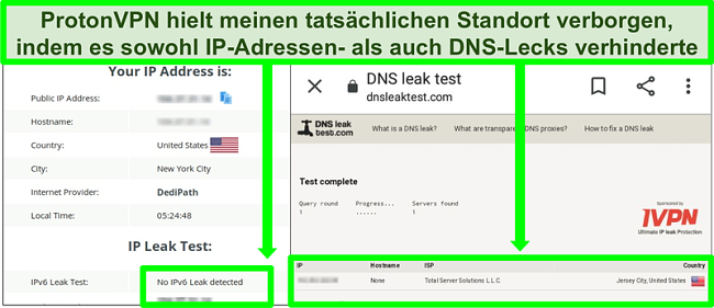 Screenshot eines DNS- und IP-Adresslecktests, der keine IP-Adresslecks zeigt, w&auml;hrend eine Verbindung zu Proton VPN besteht
