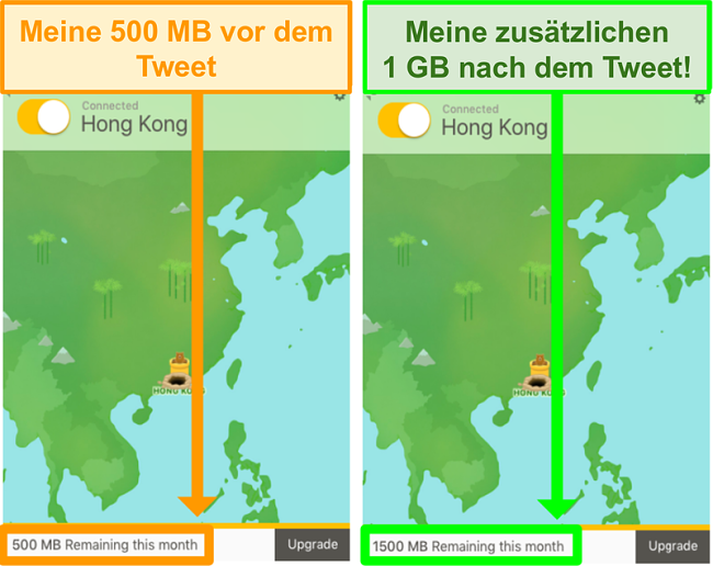 Screenshot von TunnelBear mit 1 GB zus&auml;tzlichen Daten zum Twittern