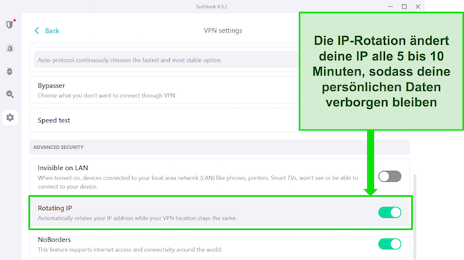 Screenshot der Windows-Oberfl&auml;che von Surfshark mit aktivierter IP-Rotation