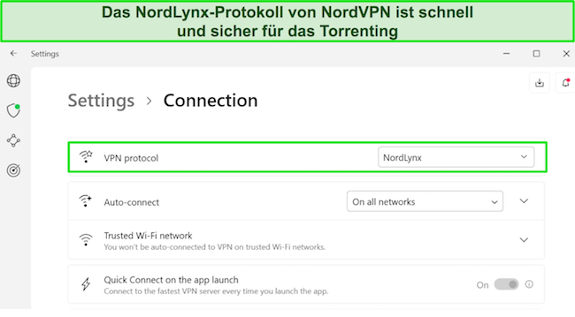 Screenshot der Windows-App von NordVPN, der das ausgew&auml;hlte NordLynx-Protokoll zeigt