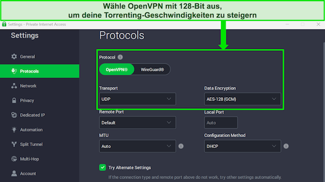 Screenshot der Windows-Oberfl&auml;che von PIA, der OpenVPN mit ausgew&auml;hlter AES-128-Bit-Verschl&uuml;sselung zeigt