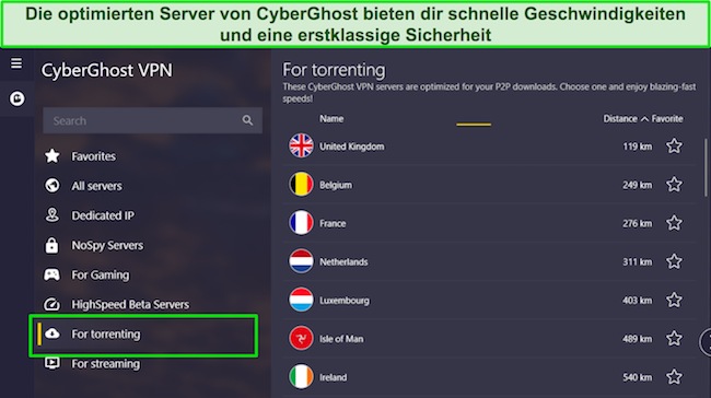 Screenshot des f&uuml;r Torrenting optimierten Servers von CyberGhost