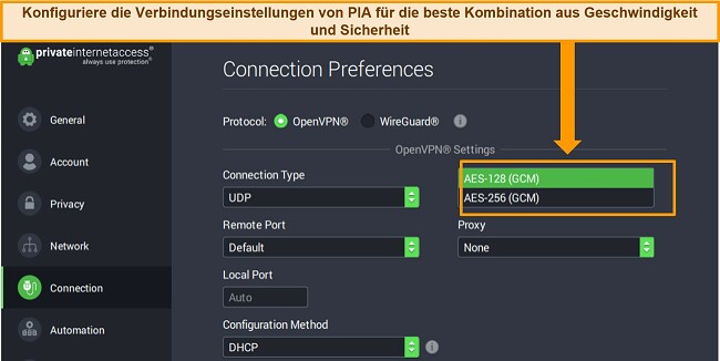 Screenshot der Windows-App von PIA mit ge&ouml;ffneten Verbindungseinstellungen und hervorgehobenen Verschl&uuml;sselungseinstellungen