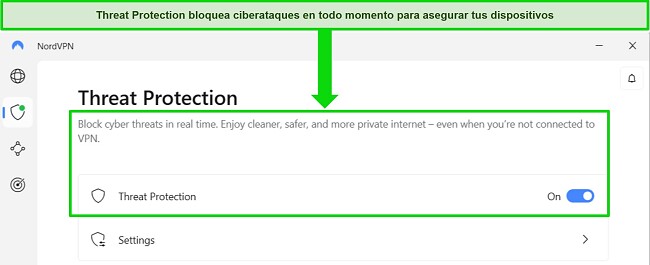 Captura de pantalla de la aplicaci&oacute;n de Windows de NordVPN que muestra que la funci&oacute;n Protecci&oacute;n contra amenazas siempre est&aacute; activada.