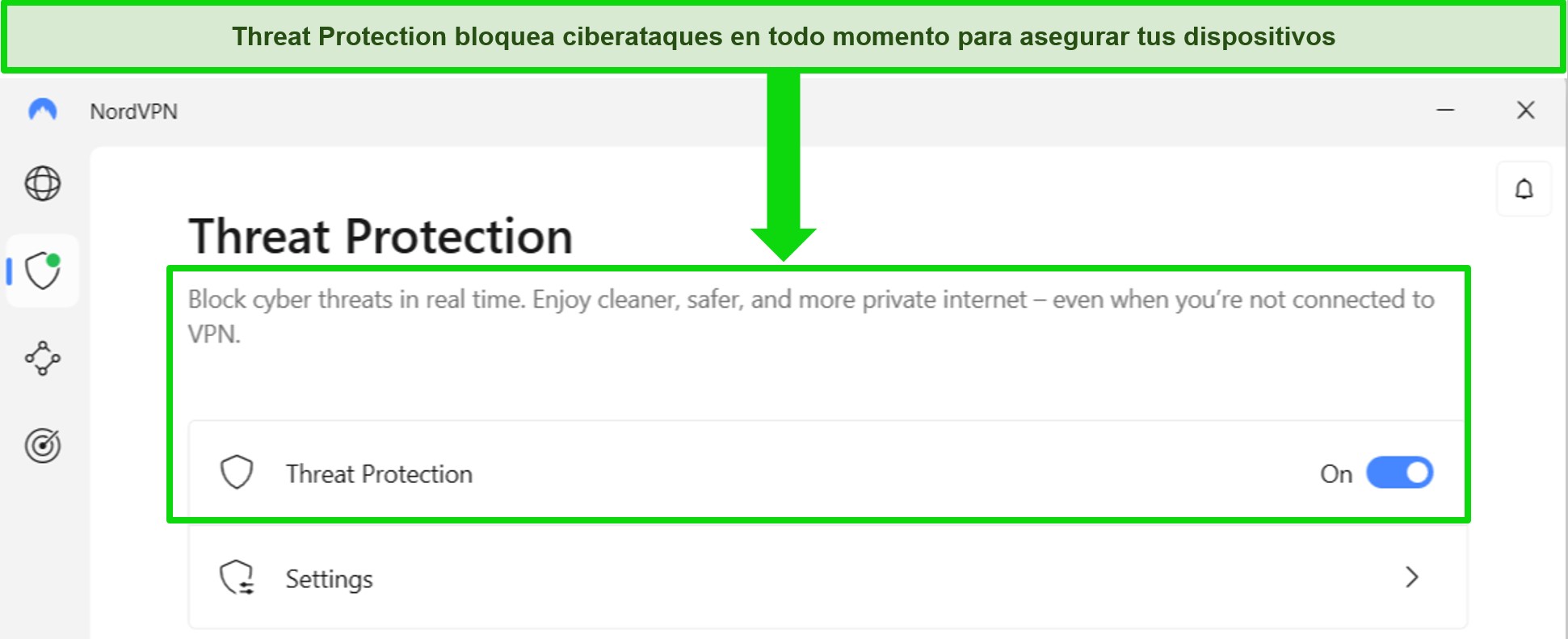 Captura de pantalla de la aplicaci&oacute;n de Windows de NordVPN que muestra que la funci&oacute;n Protecci&oacute;n contra amenazas siempre est&aacute; activada.