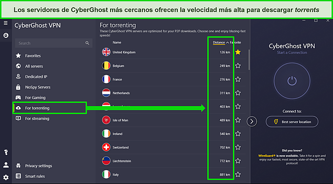 Captura de pantalla de la aplicaci&oacute;n de Windows de CyberGhost con una lista optimizada de servidores de torrents ordenados por distancia.