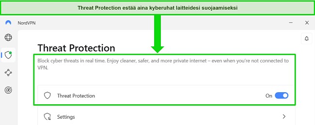 N&auml;ytt&ouml;kaappaus NordVPN:n Windows-sovelluksesta, jossa n&auml;kyy, ett&auml; uhkasuojausominaisuus on aina p&auml;&auml;ll&auml;.