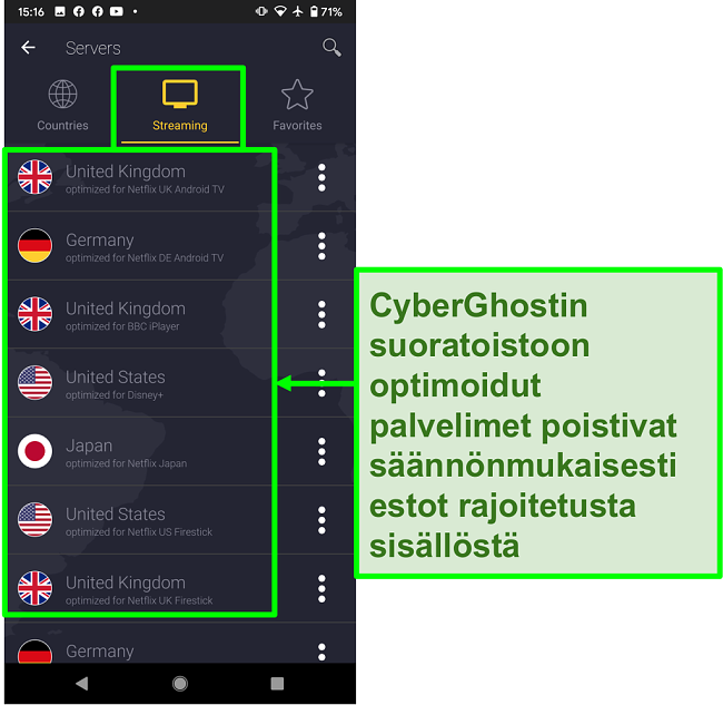 N&auml;ytt&ouml;kuva CyberGhostin suoratoistoon optimoiduista palvelimista